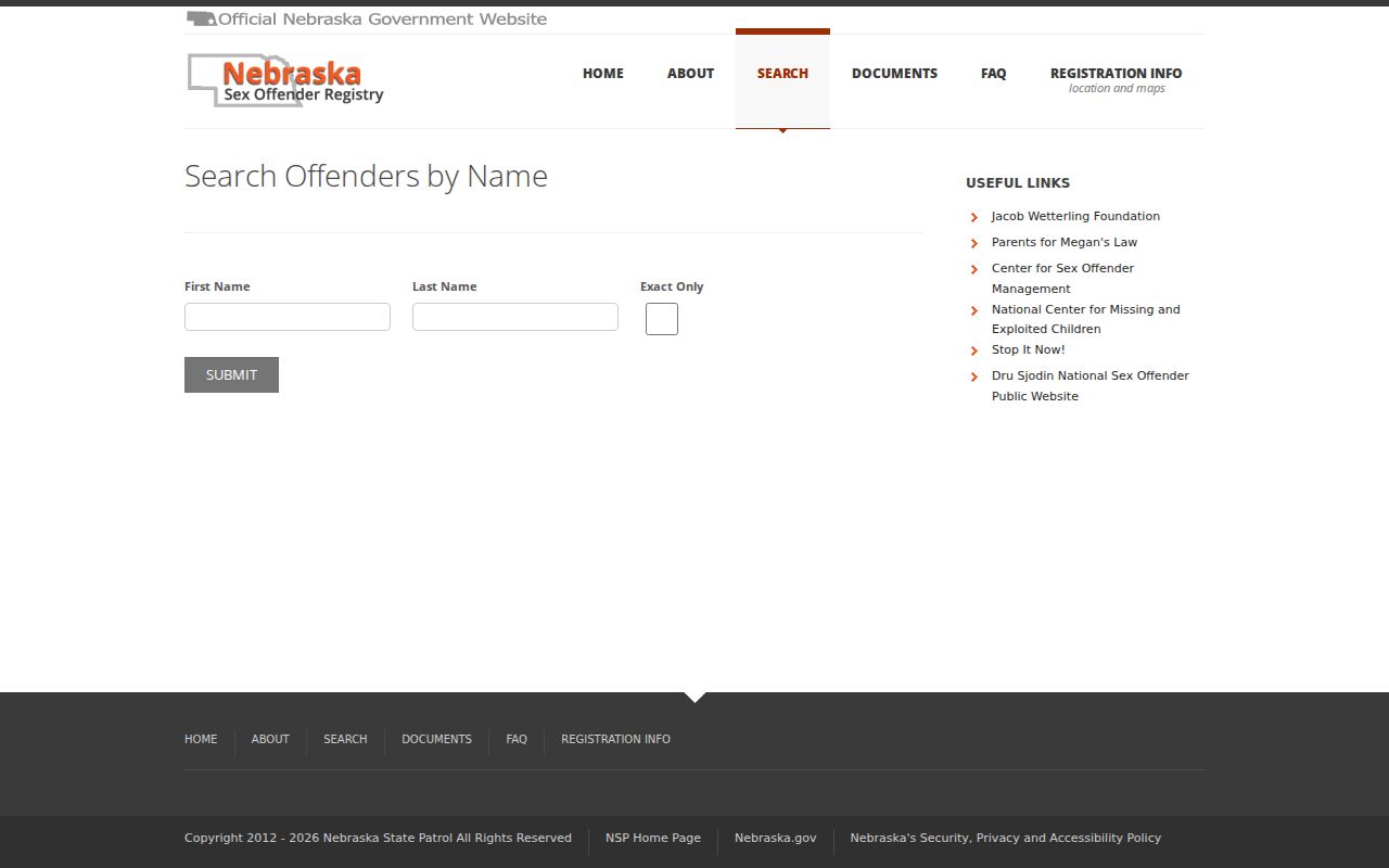 Name fields for a Deuel County sex offender registry lookup