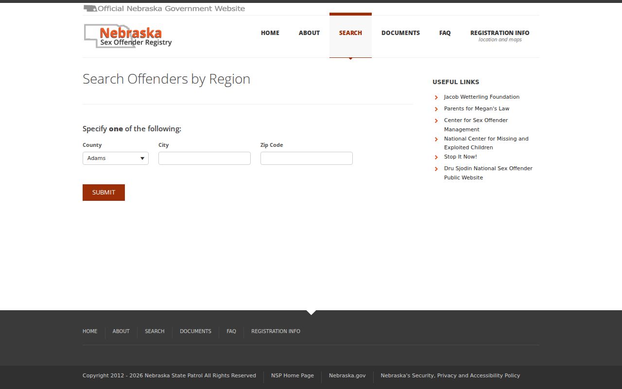 Deuel County region fields in the Nebraska sex offender registry