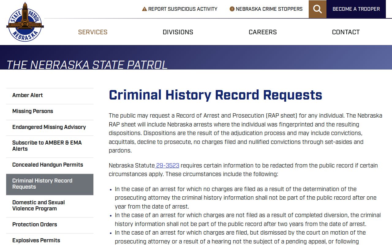 Deuel County criminal history Nebraska State Patrol request instructions